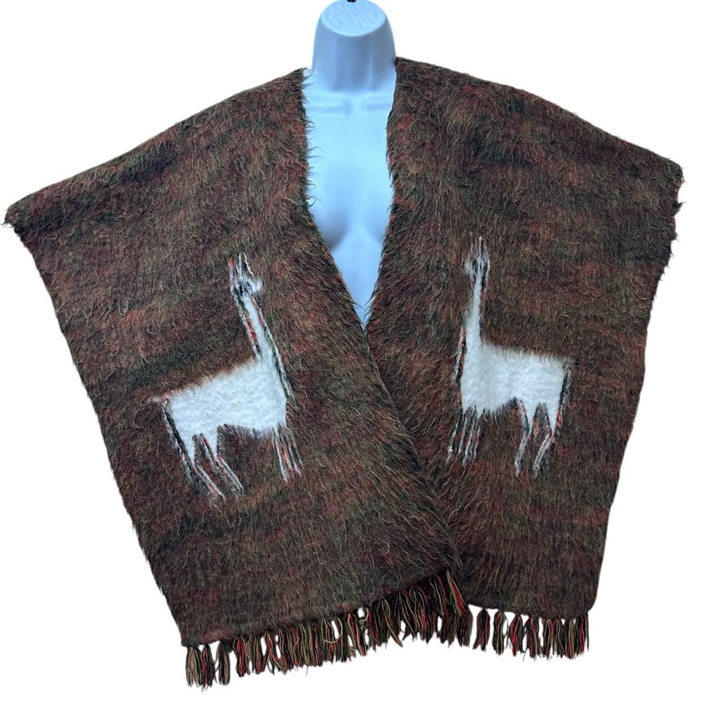 Vtg South America Inca Llama Wool Poncho Serape Reversible Boho Festival